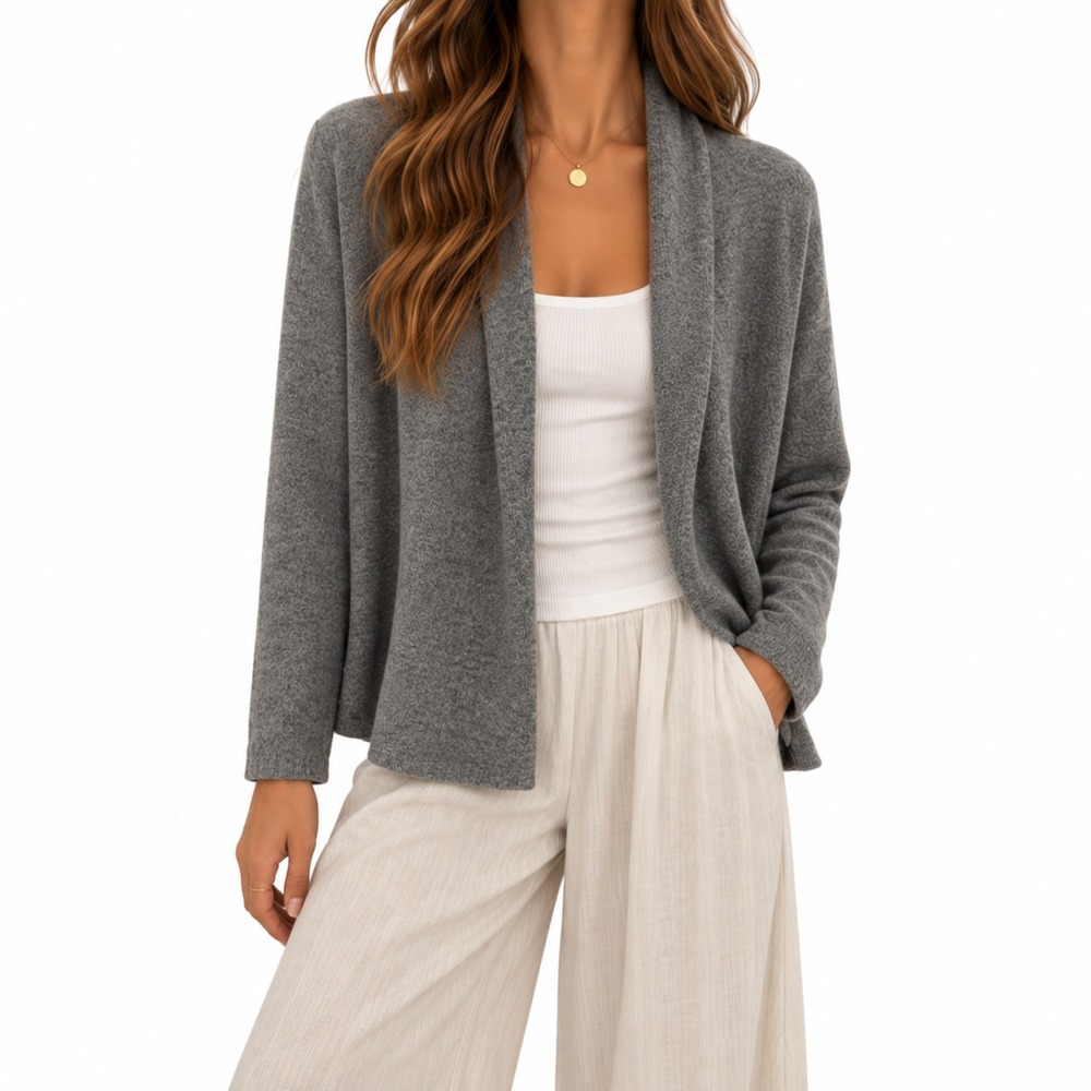 White + Warren Cashmere Cardigan Sweater Womens L Gray Open Front Minimalist